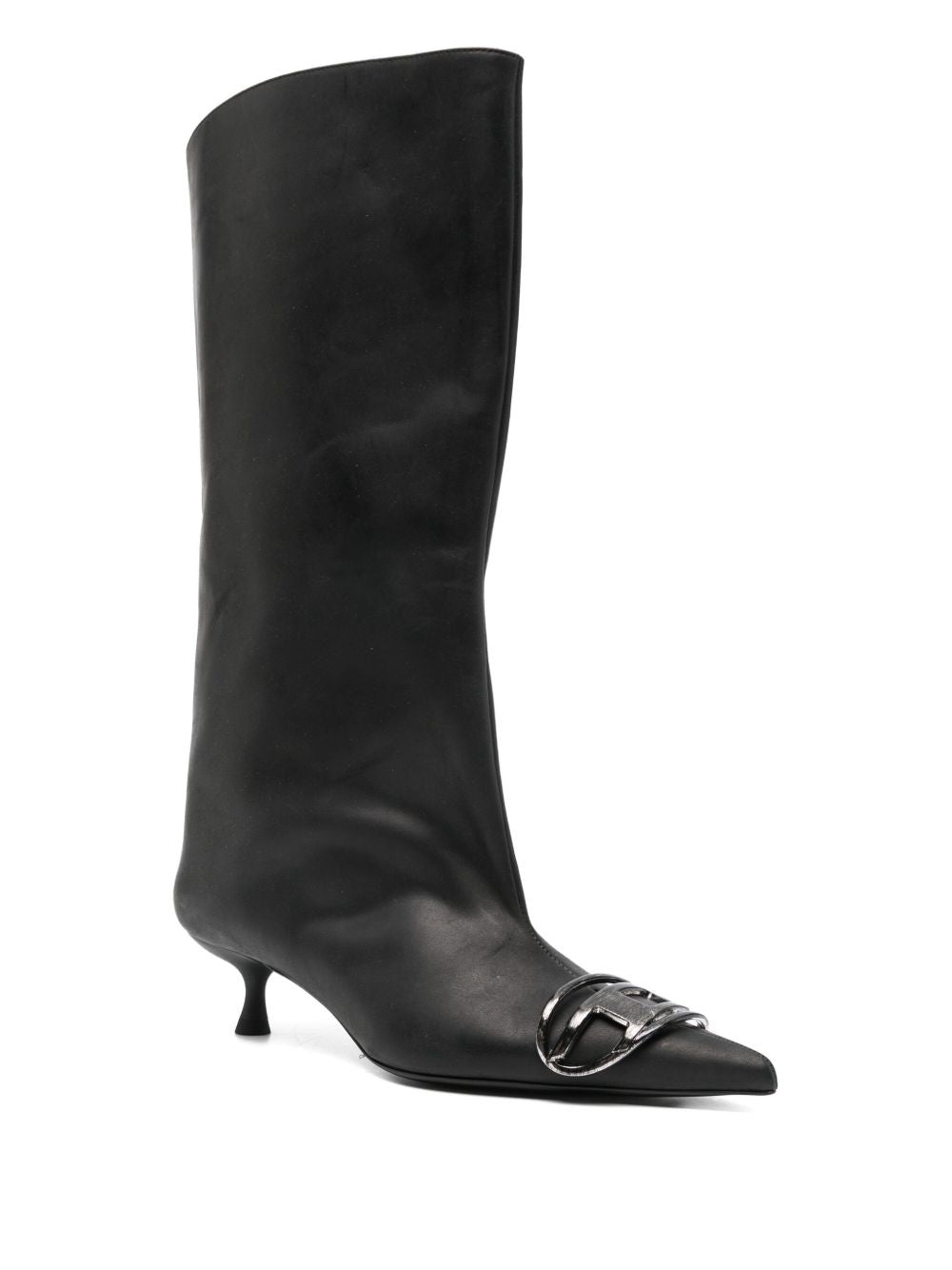 Diesel Venus Black Pointed Leather Kitten Heel Boots with Metallic Embellishment Black