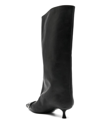 Diesel Venus Black Pointed Leather Kitten Heel Boots with Metallic Embellishment Black