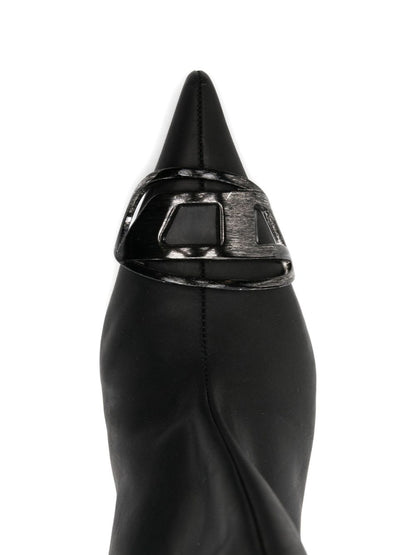 Diesel Venus Black Pointed Leather Kitten Heel Boots with Metallic Embellishment Black