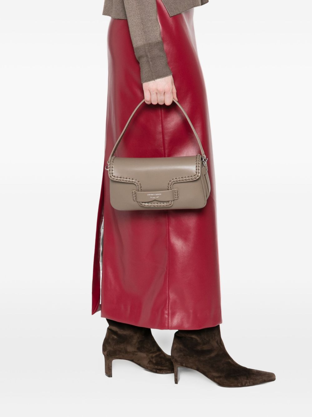 Emporio Armani Braided-Trim Leather Shoulder Bag in Dove Grey