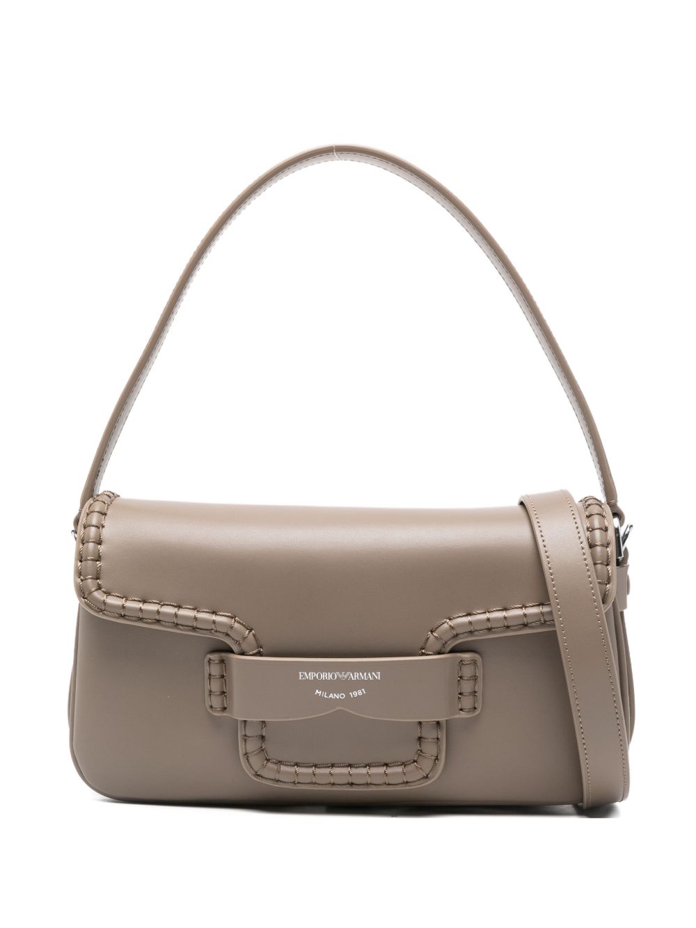 Emporio Armani Braided-Trim Leather Shoulder Bag in Dove Grey