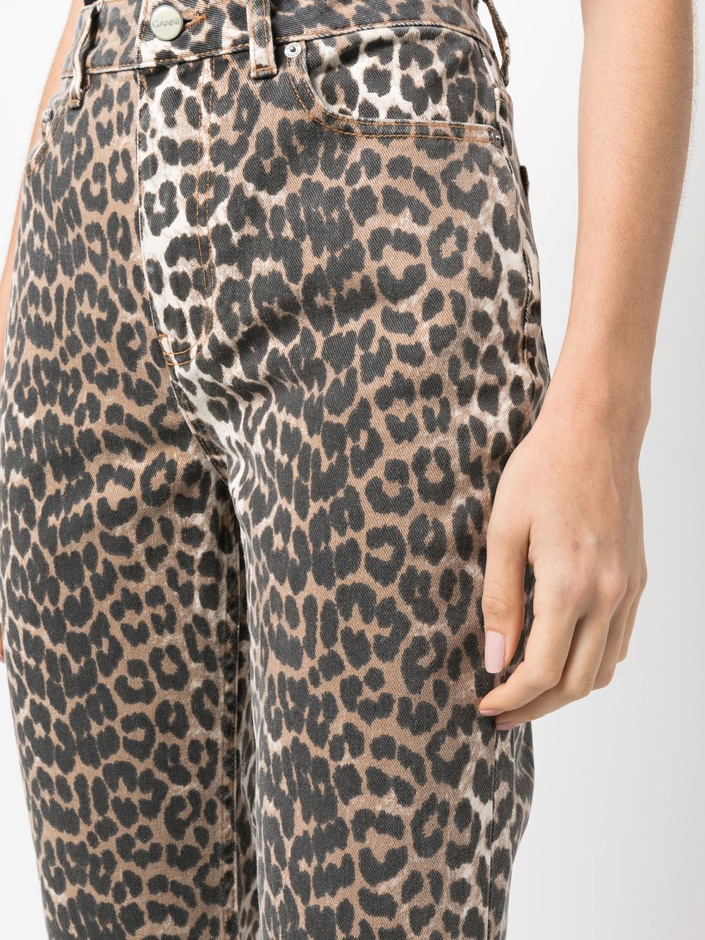 Ganni Leopard-Print Organic-Cotton Cropped Jeans Brown