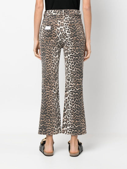 Ganni Leopard-Print Organic-Cotton Cropped Jeans Brown