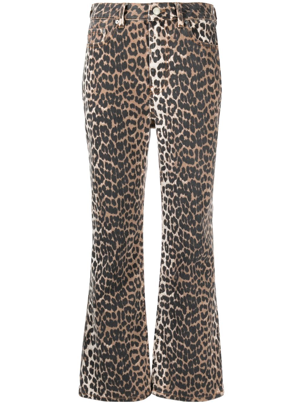 Ganni Leopard-Print Organic-Cotton Cropped Jeans Brown
