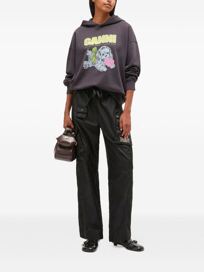 Ganni Graphic-Print Organic Cotton Hoodie Grey