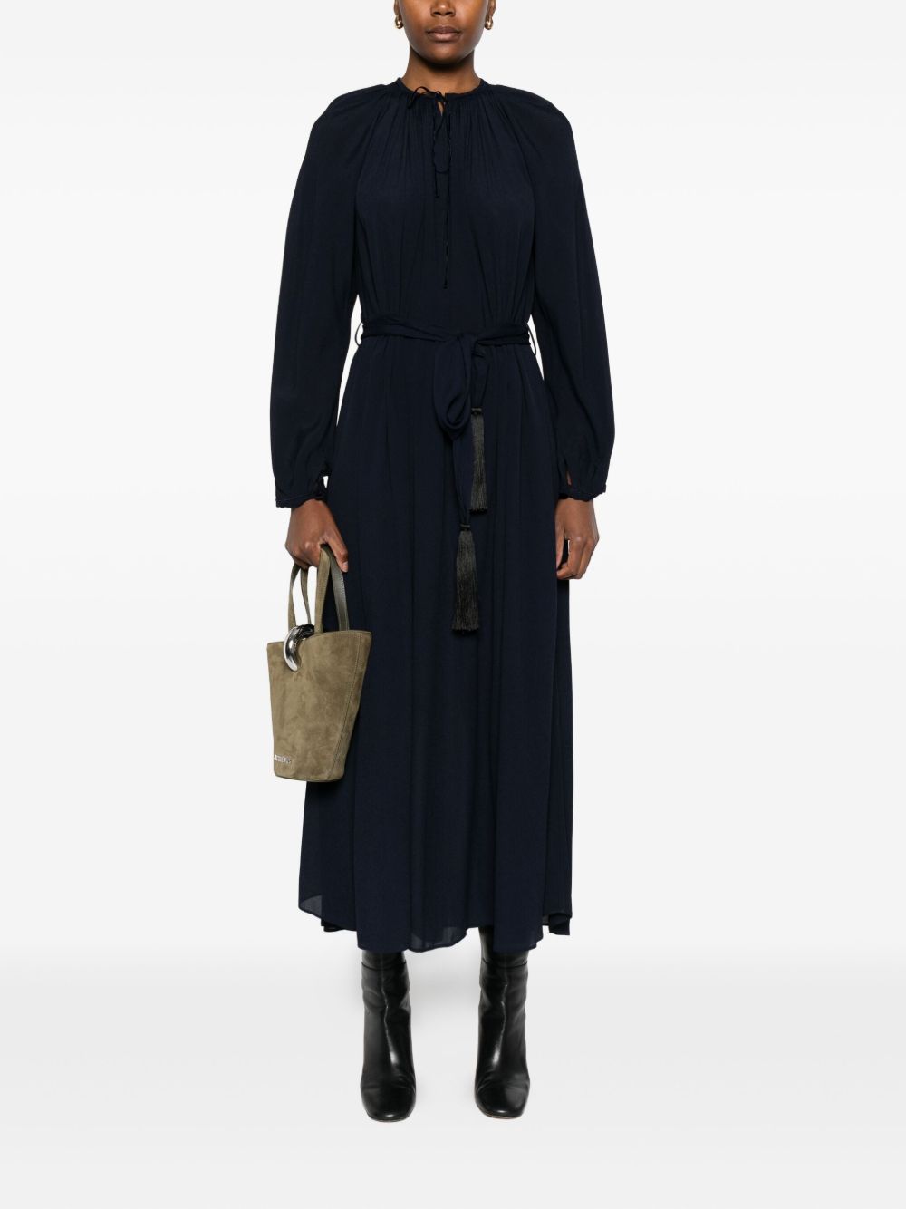 Forte Forte Navy Tie-Neck Crepe de Chine Long Dress Blue