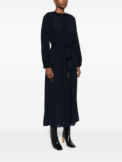 Forte Forte Navy Tie-Neck Crepe de Chine Long Dress Blue