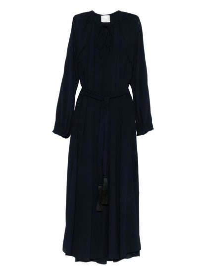 Forte Forte Navy Tie-Neck Crepe de Chine Long Dress Blue