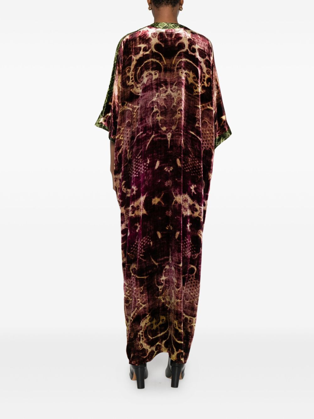 Pierre Louis Mascia Velvet V-Neck Midi Dress with Green Trim Bordeaux