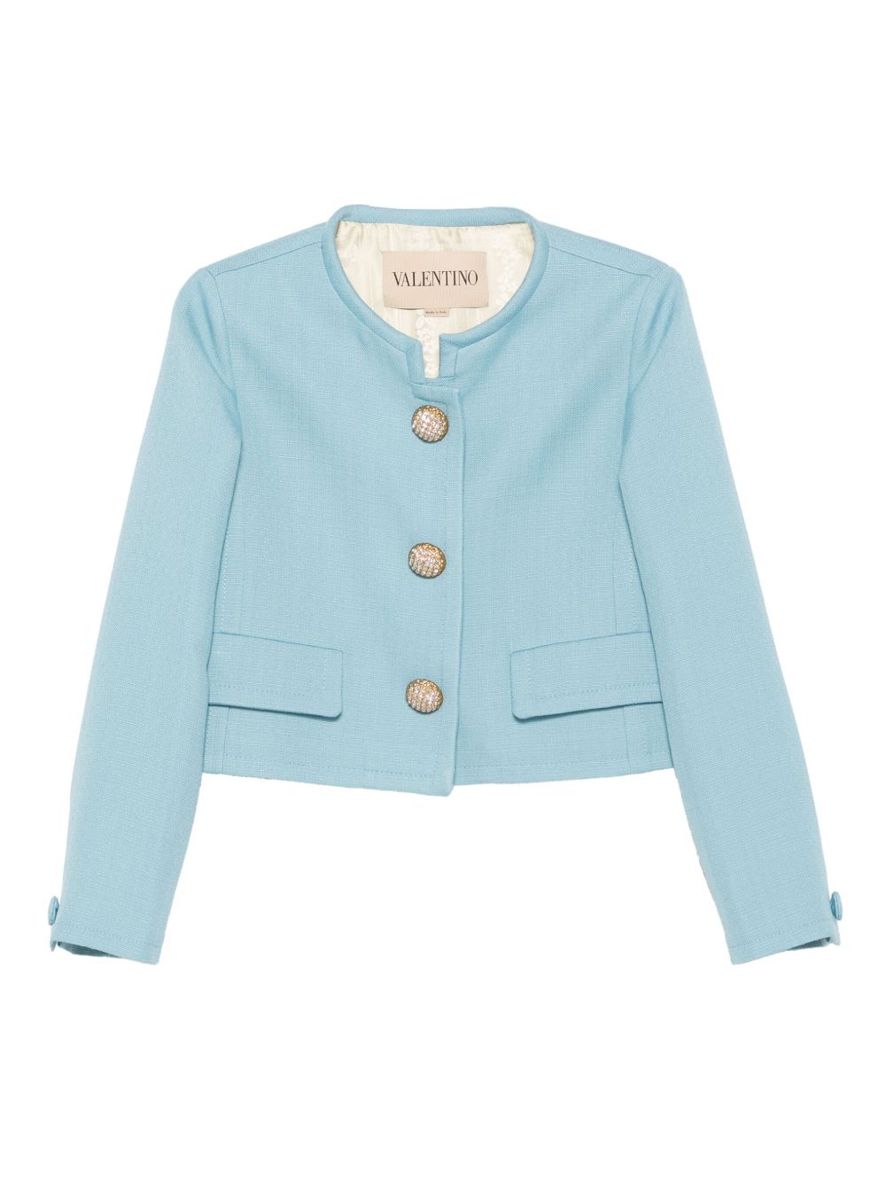 Valentino Cropped Baby Blue Collarless Jacket with Gold Buttons Clear Blue
