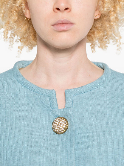 Valentino Cropped Baby Blue Collarless Jacket with Gold Buttons Clear Blue