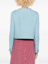Valentino Cropped Baby Blue Collarless Jacket with Gold Buttons Clear Blue