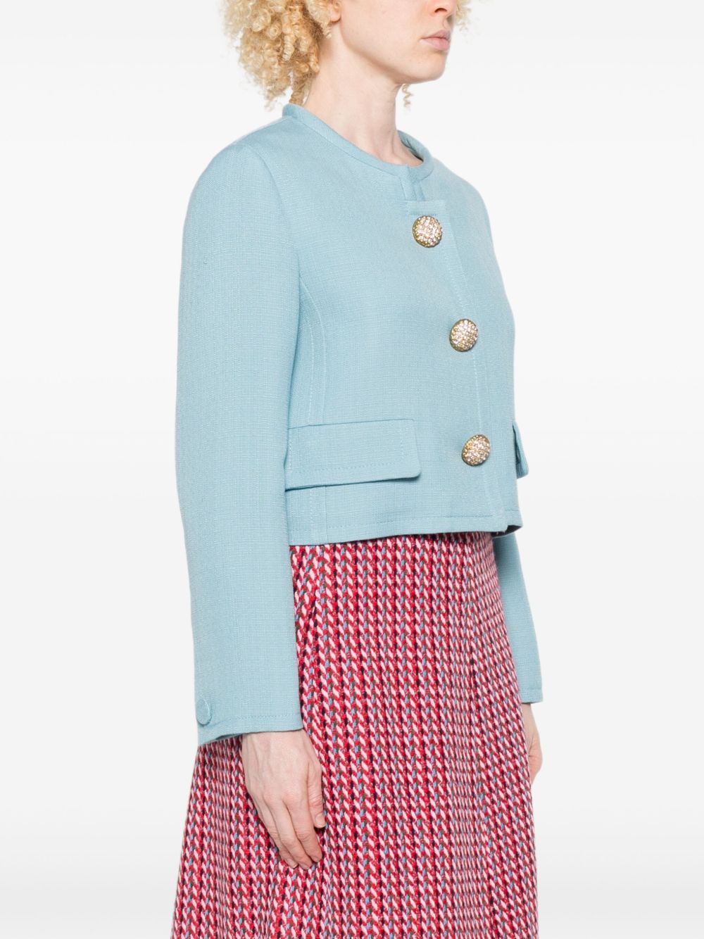Valentino Cropped Baby Blue Collarless Jacket with Gold Buttons Clear Blue