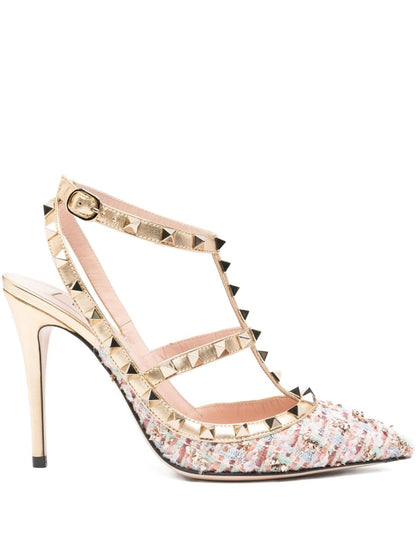 Valentino Garavani Rockstud Tweed Slingback Pumps with Heel Powder