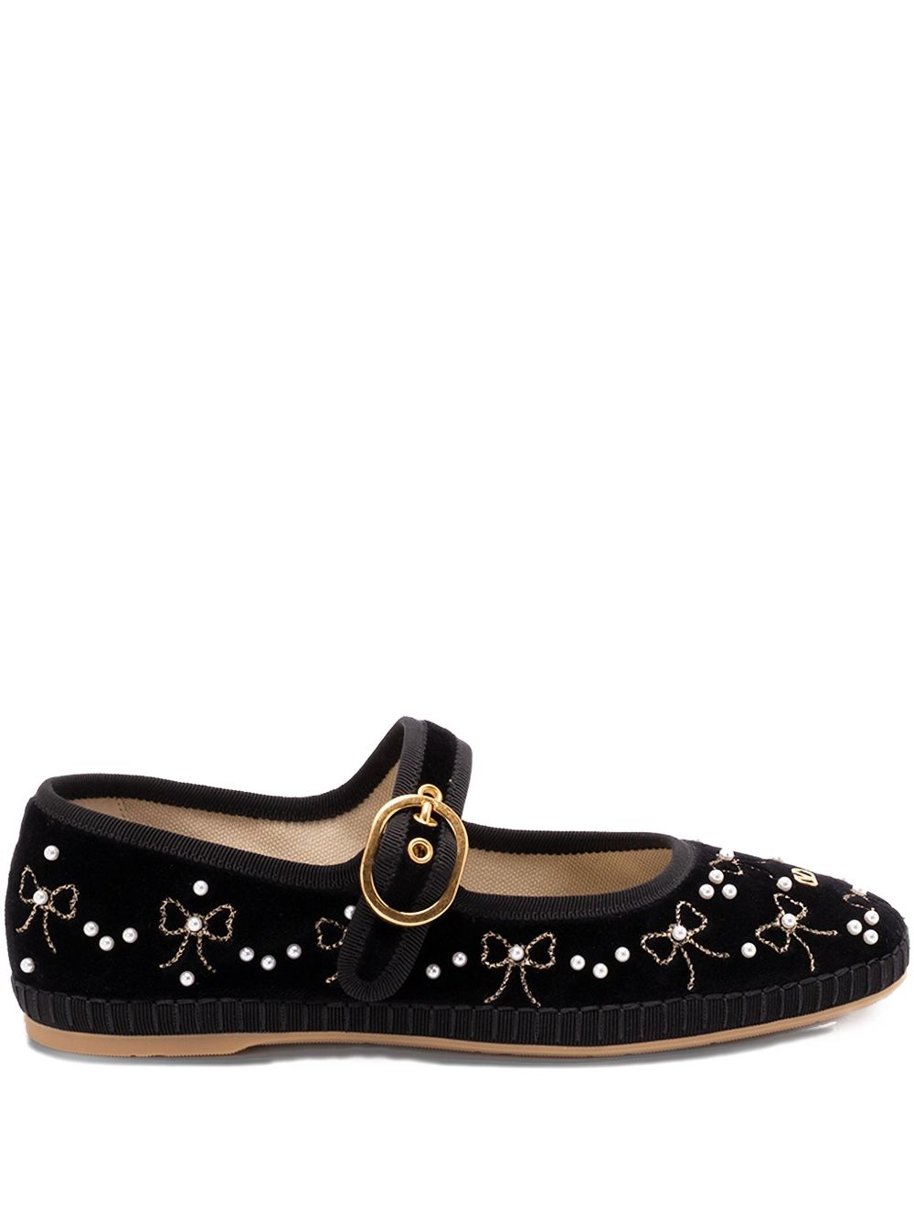 Valentino Garavani Embroidered Velvet Ballet Flats with VLogo, Pearl and Bow - Black