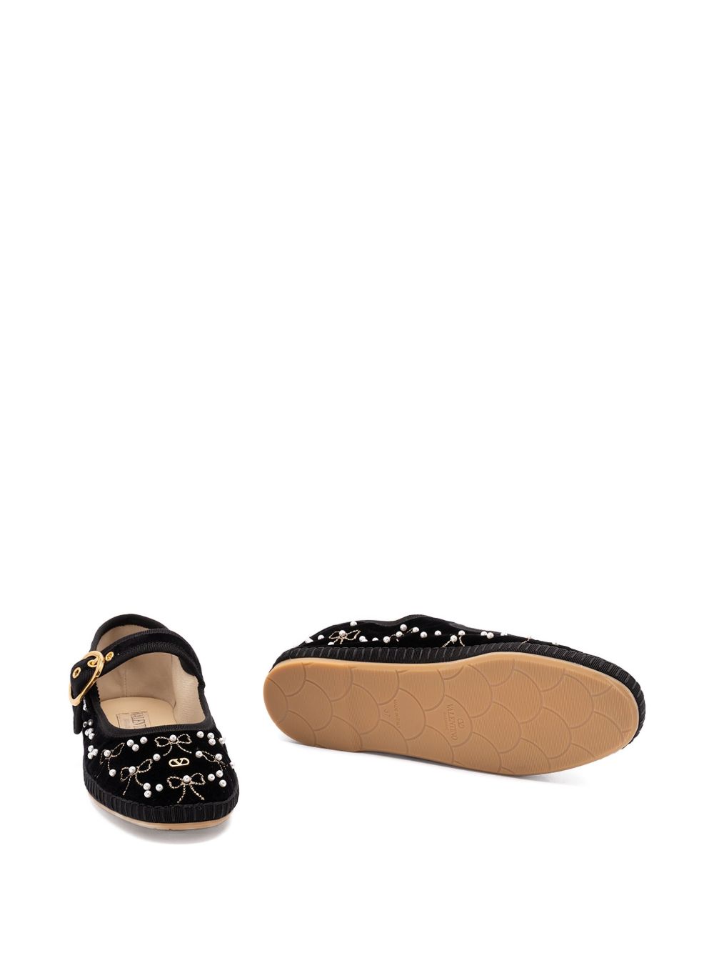 Valentino Garavani Embroidered Velvet Ballet Flats with VLogo, Pearl and Bow - Black