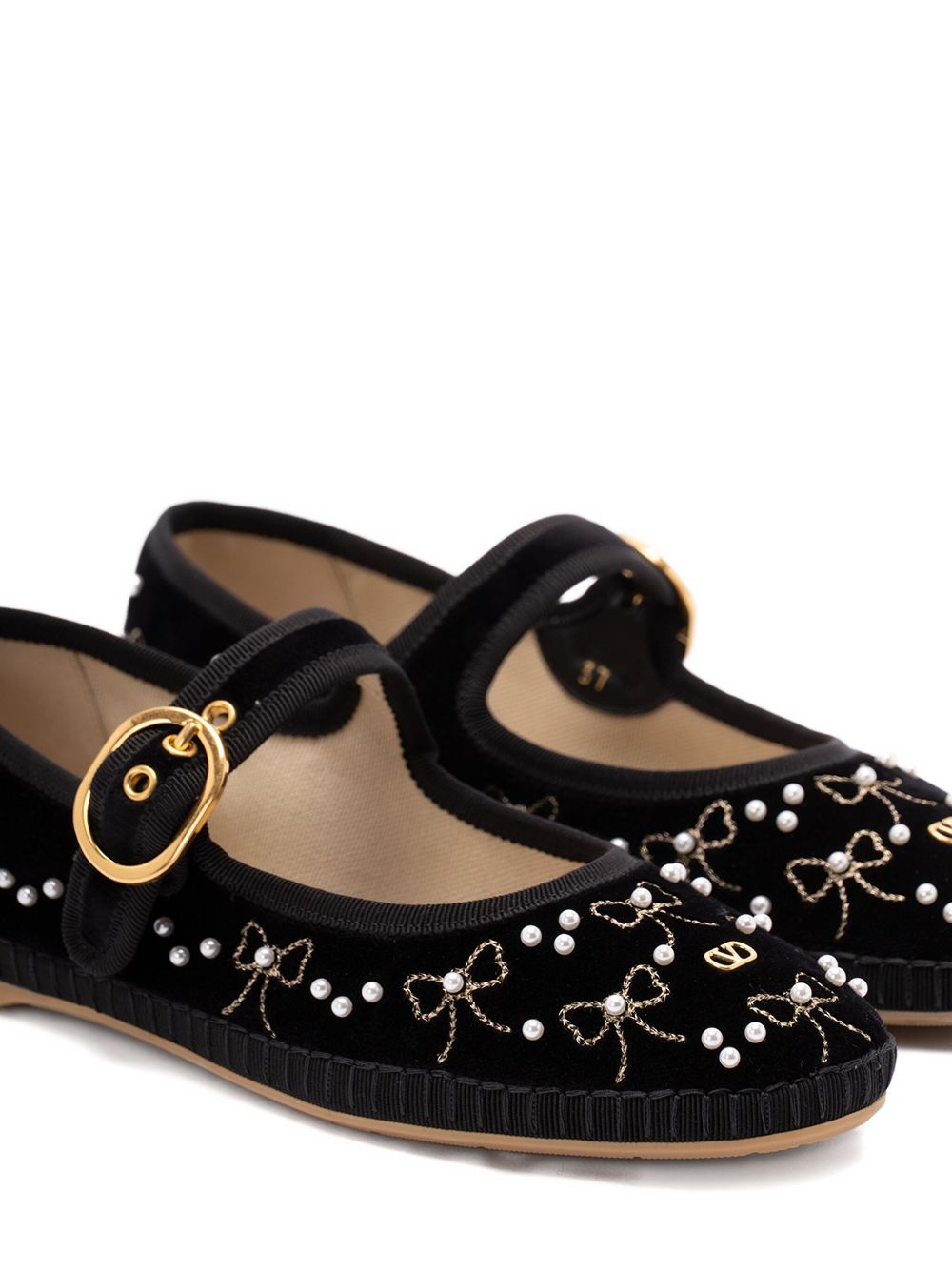 Valentino Garavani Embroidered Velvet Ballet Flats with VLogo, Pearl and Bow - Black