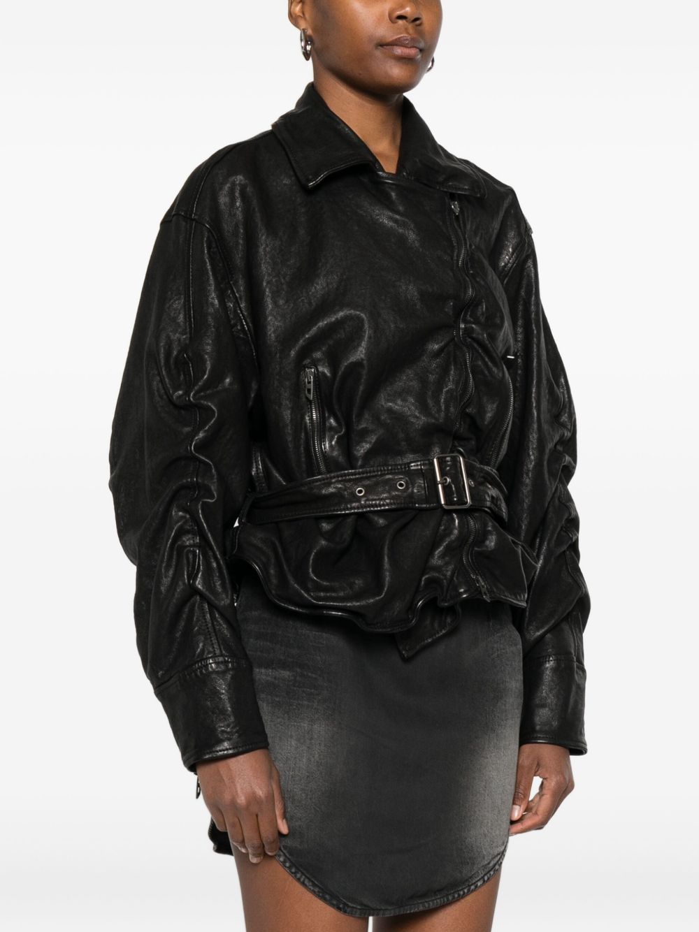 Diesel Ruched Lambskin Leather Jacket Black Black