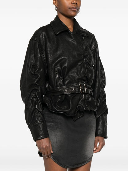 Diesel Ruched Lambskin Leather Jacket Black Black