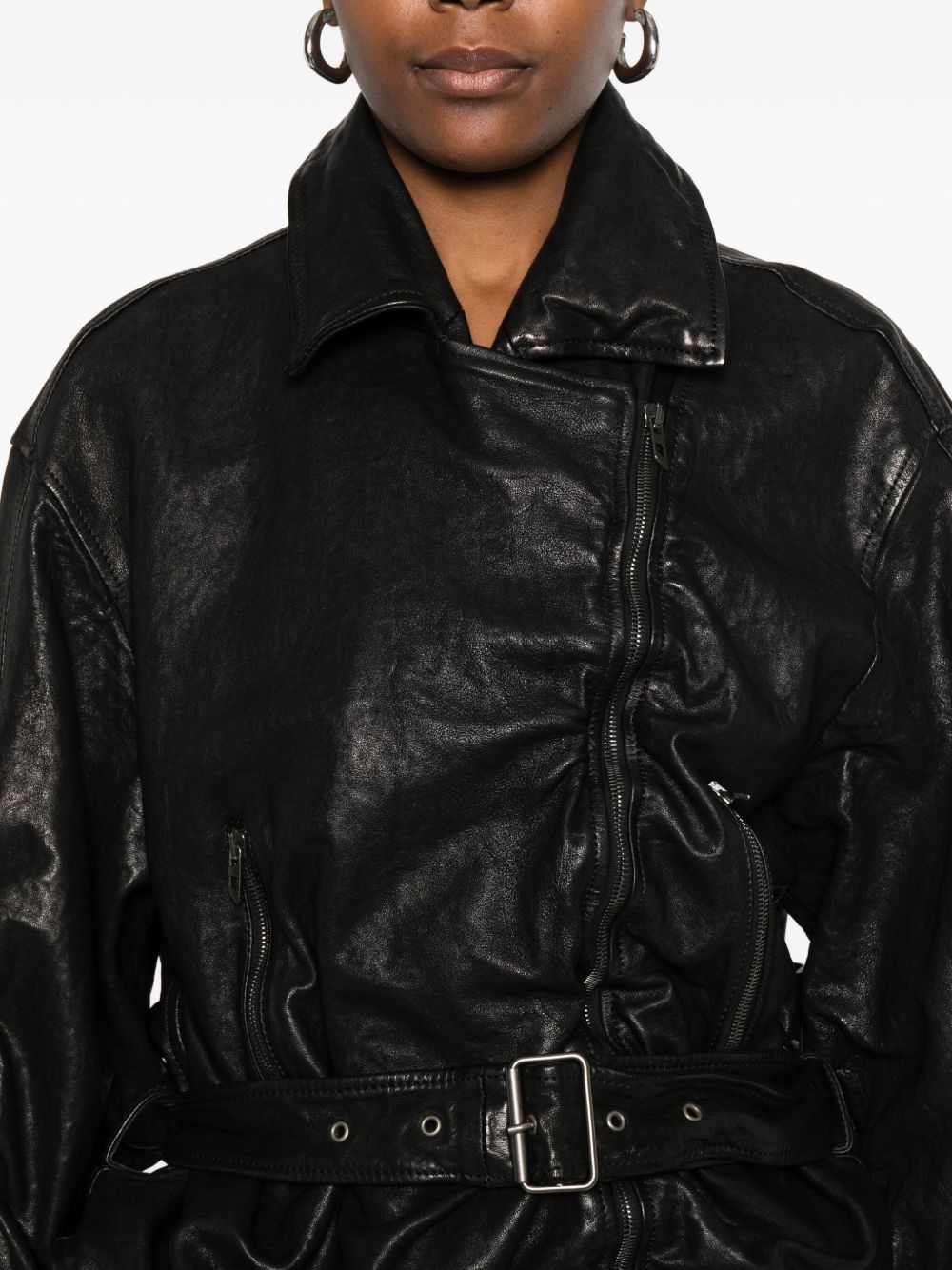 Diesel Ruched Lambskin Leather Jacket Black Black