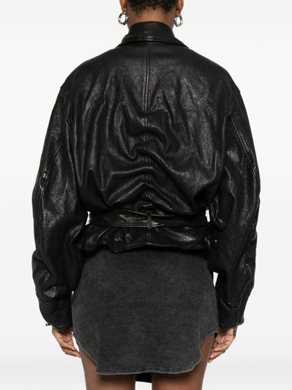Diesel Ruched Lambskin Leather Jacket Black Black