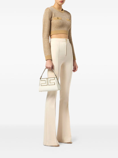 Elisabetta Franchi Sequin-Embellished Cropped Wool Sweater Beige