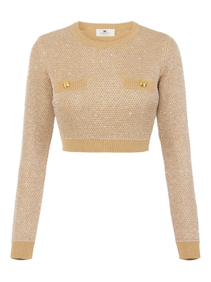 Elisabetta Franchi Sequin-Embellished Cropped Wool Sweater Beige
