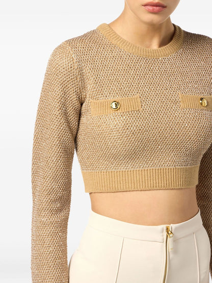 Elisabetta Franchi Sequin-Embellished Cropped Wool Sweater Beige