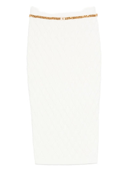 Elisabetta Franchi Knitted Midi Skirt with Chain Belt Ivory