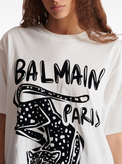 Balmain Leopard-Print Organic Cotton T-Shirt White