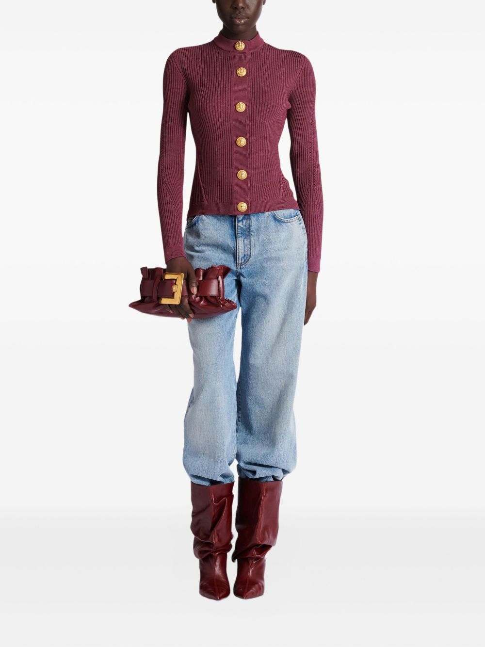 Balmain Ribbed Knit Crewneck Cardigan with Gold-Tone Buttons Purple