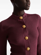 Balmain Ribbed Knit Crewneck Cardigan with Gold-Tone Buttons Purple