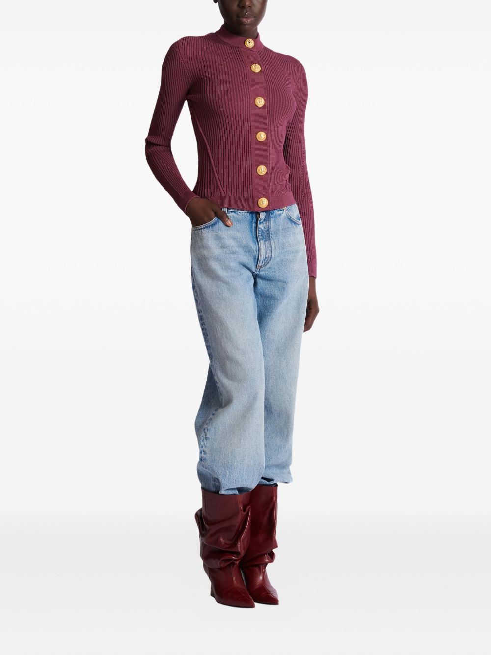 Balmain Ribbed Knit Crewneck Cardigan with Gold-Tone Buttons Purple