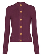 Balmain Ribbed Knit Crewneck Cardigan with Gold-Tone Buttons Purple
