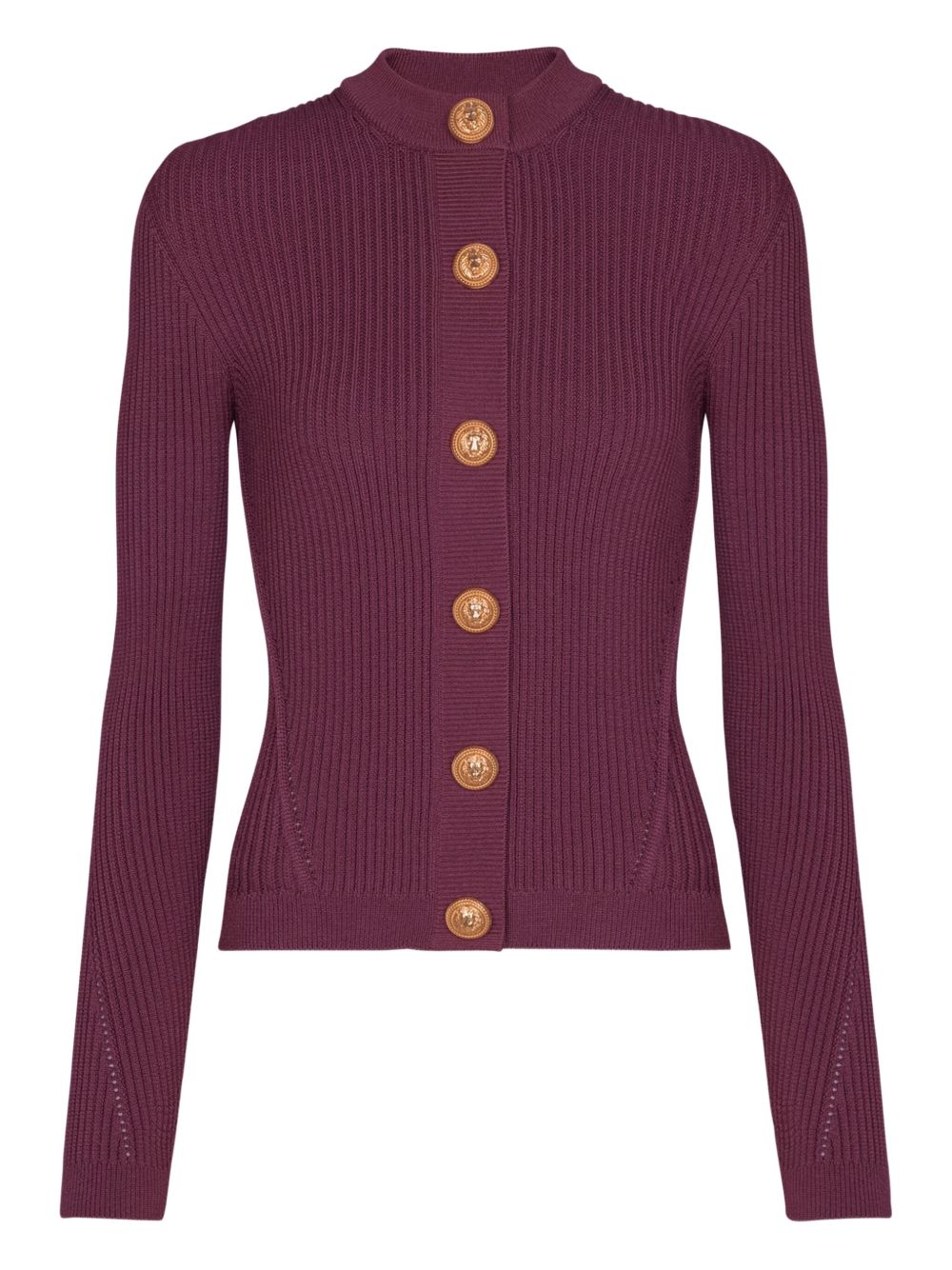 Balmain Ribbed Knit Crewneck Cardigan with Gold-Tone Buttons Purple
