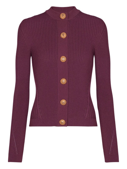 Balmain Ribbed Knit Crewneck Cardigan with Gold-Tone Buttons Purple