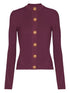 Balmain Ribbed Knit Crewneck Cardigan with Gold-Tone Buttons Purple