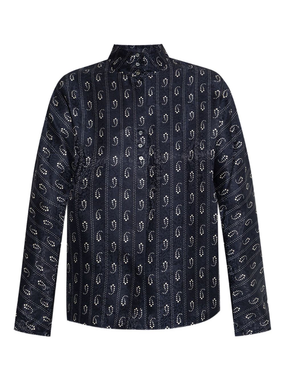 Tory Burch Paisley-Print Navy Blue Mandarin Collar Button-Up Sweater Blue