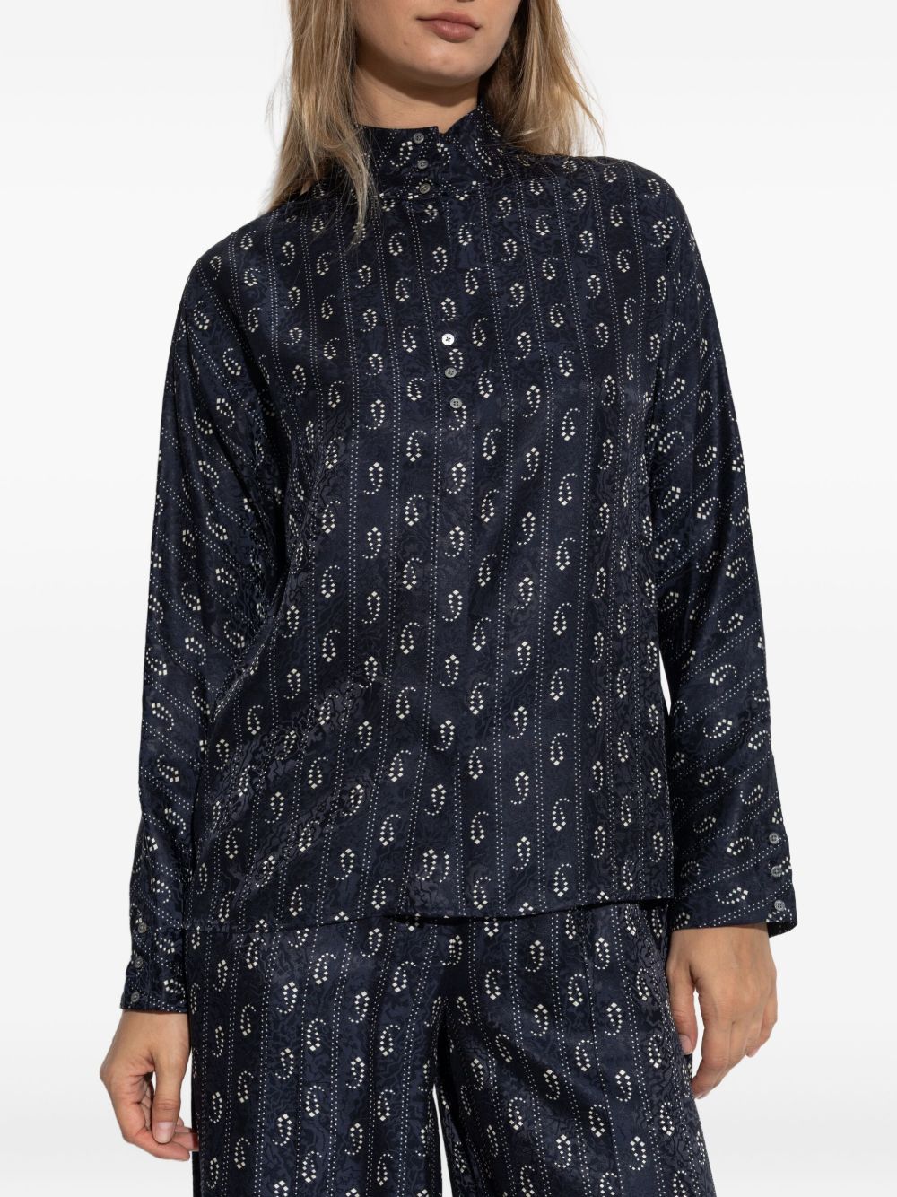 Tory Burch Paisley-Print Navy Blue Mandarin Collar Button-Up Sweater Blue