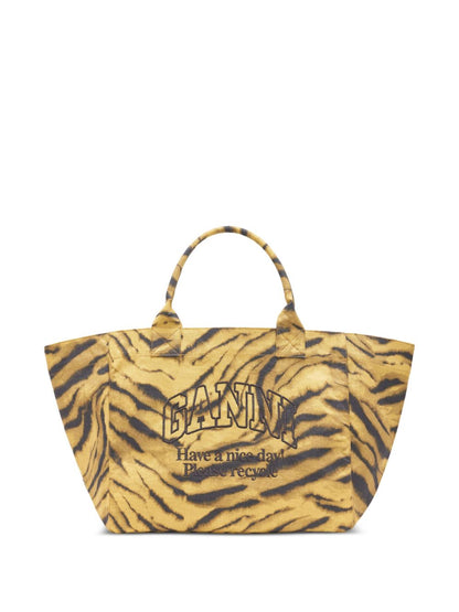Ganni Tiger-Pattern Recycled Cotton XXL Tote Bag Khaki khaki