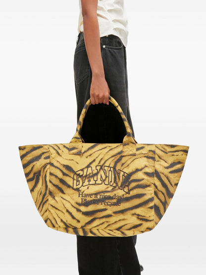 Ganni Tiger-Pattern Recycled Cotton XXL Tote Bag Khaki khaki