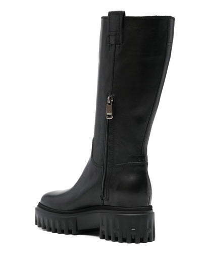 Hogan Pre Side Zip Chunky Leather Mid-Calf Boots Black Black