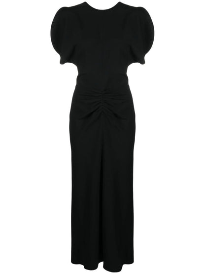 Victoria Beckham Gathered Waist Silk-Nylon Midi Dress Black