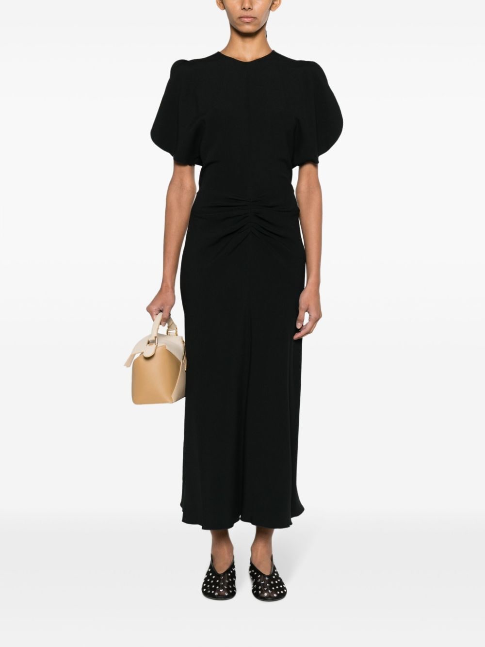 Victoria Beckham Gathered Waist Silk-Nylon Midi Dress Black
