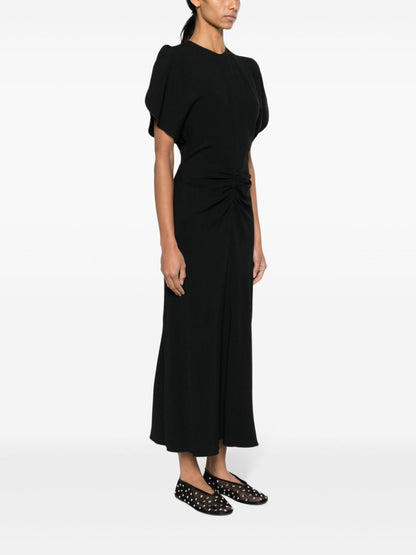 Victoria Beckham Gathered Waist Silk-Nylon Midi Dress Black