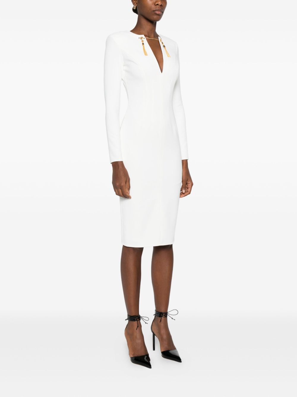 Elisabetta Franchi V-Neck Fitted Tassel-Embellished Long-Sleeve Dress Ivory Ivory