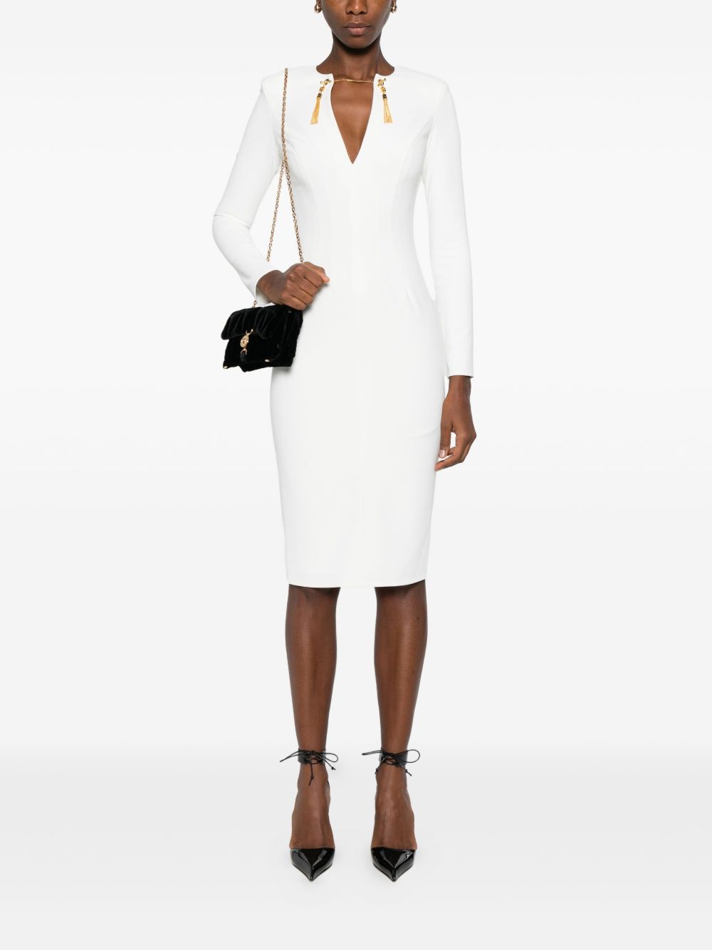 Elisabetta Franchi V-Neck Fitted Tassel-Embellished Long-Sleeve Dress Ivory Ivory