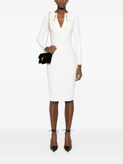 Elisabetta Franchi V-Neck Fitted Tassel-Embellished Long-Sleeve Dress Ivory Ivory