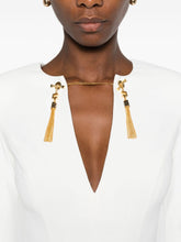 Elisabetta Franchi V-Neck Fitted Tassel-Embellished Long-Sleeve Dress Ivory Ivory