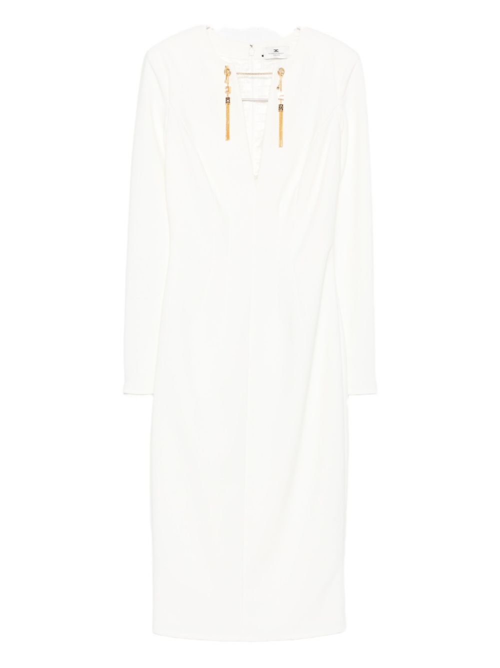 Elisabetta Franchi V-Neck Fitted Tassel-Embellished Long-Sleeve Dress Ivory Ivory